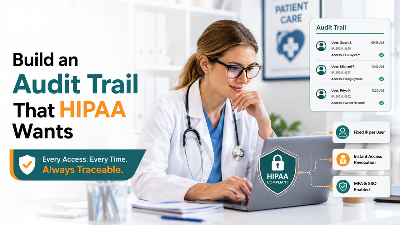 PureVPN for Teams helping healthcare organizations maintain HIPAA-compliant audit trails with secure remote access and dedicated IPs