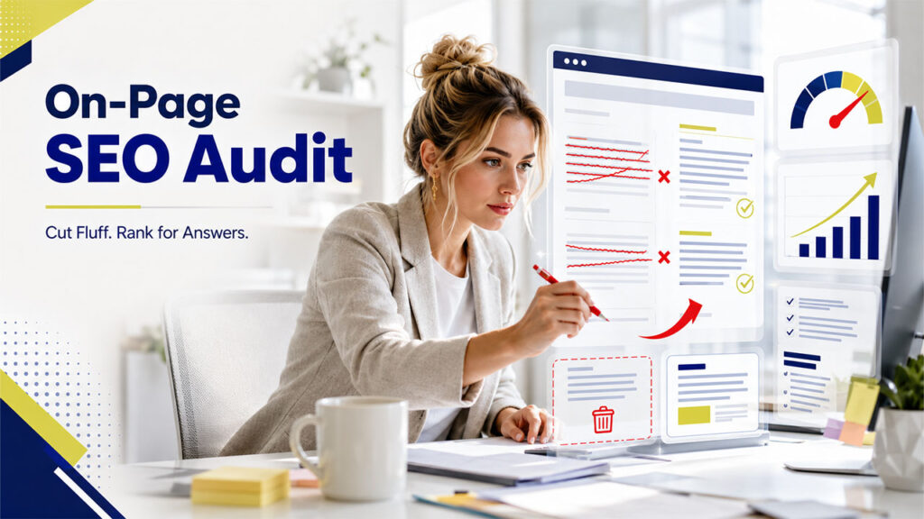 Content quality review during an On-Page SEO Audit Checklist with editors improving headings, readability, user intent, and SEO content optimization.