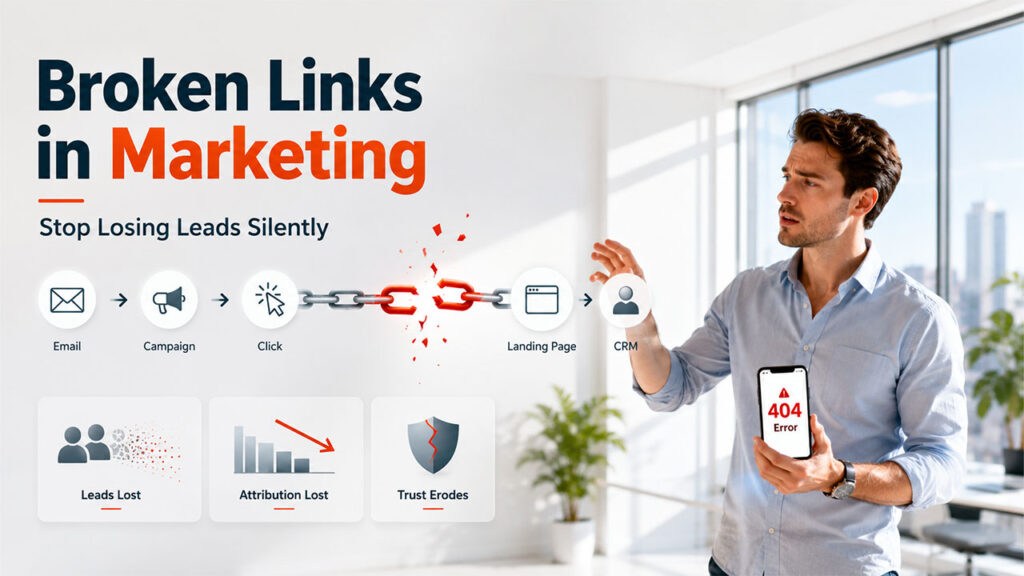Infographic showing the real cost of broken links, including lost website visitors, inaccurate CRM attribution, and reduced customer trust.