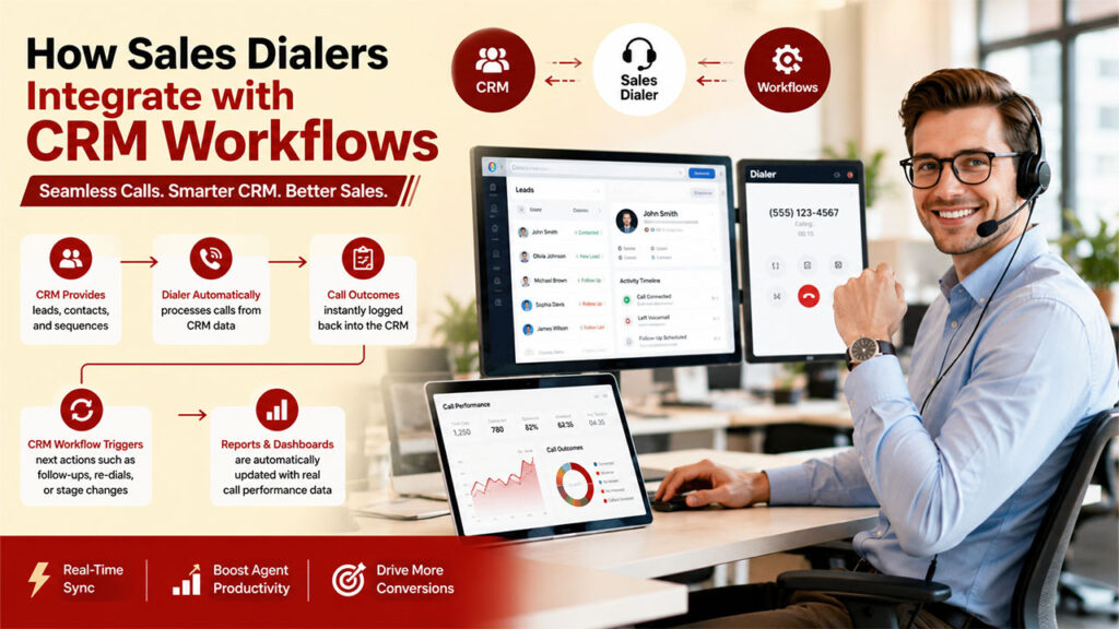 Diagram showing how sales dialers integrate with CRM workflows by automating calls, logging activities, and managing follow-ups.
