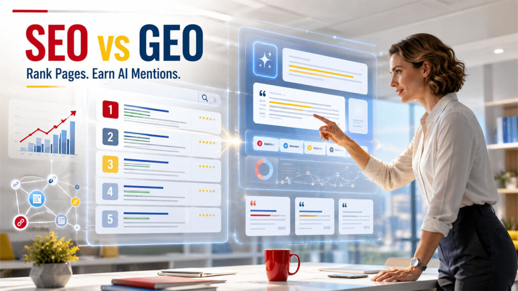 Comparison of SEO and GEO Optimization showing how traditional search rankings differ from AI-generated search citations and recommendations.