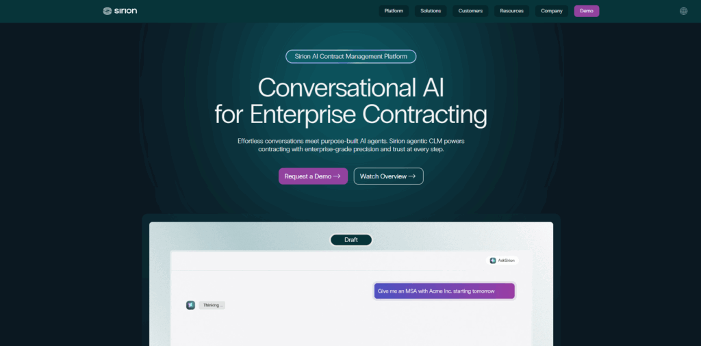 Sirion Contract Lifecycle Management Software with AI-powered contract negotiation, compliance monitoring, and obligation tracking