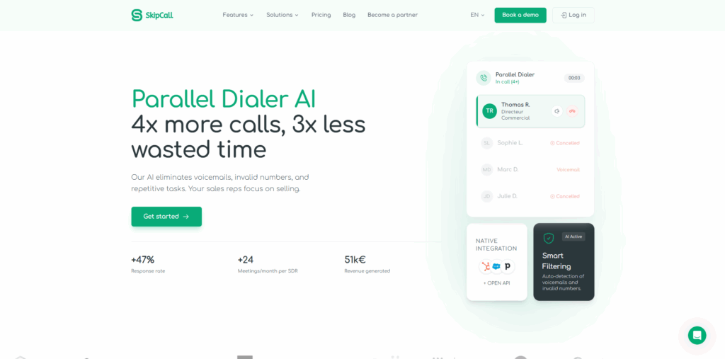 Skipcall sales dialer for SDRs featuring AI-powered parallel dialing, CRM integration, and automated call logging.