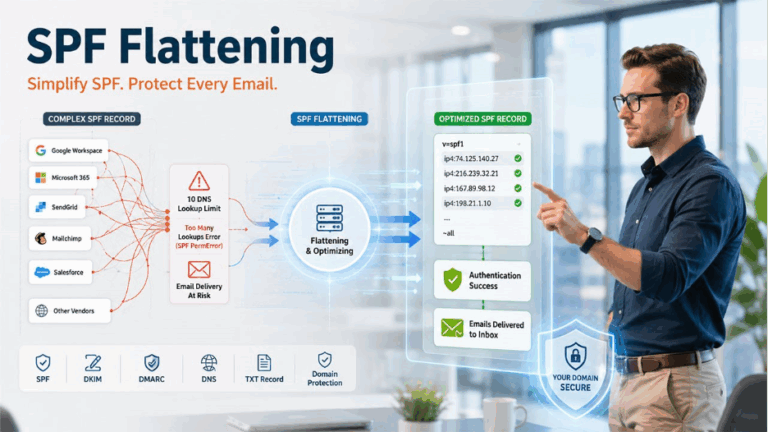 SPF Flattening process showing how DNS lookups are reduced to improve email authentication and prevent SPF PermError.
