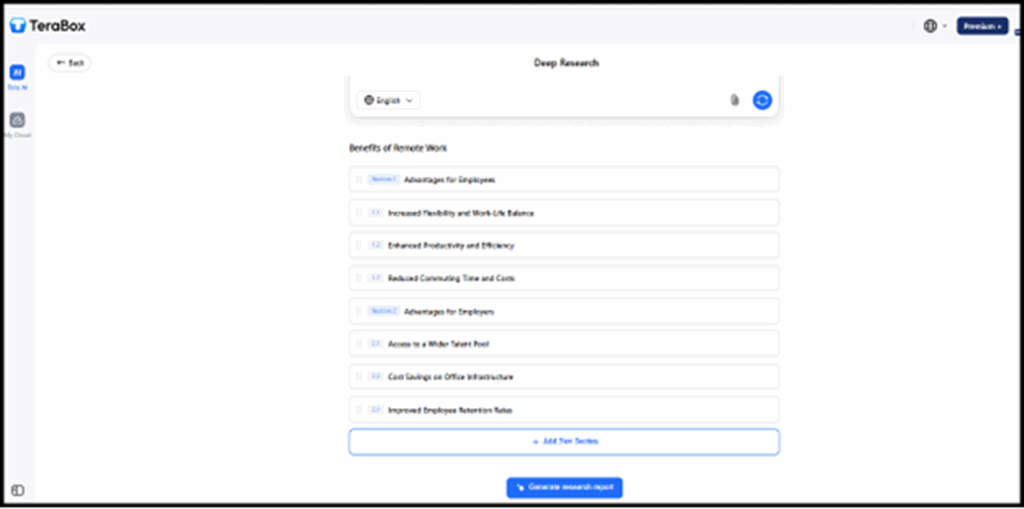 TeraBox AI Writing Deep Research feature generating a structured outline with AI writing tools for content research and essay creation.
