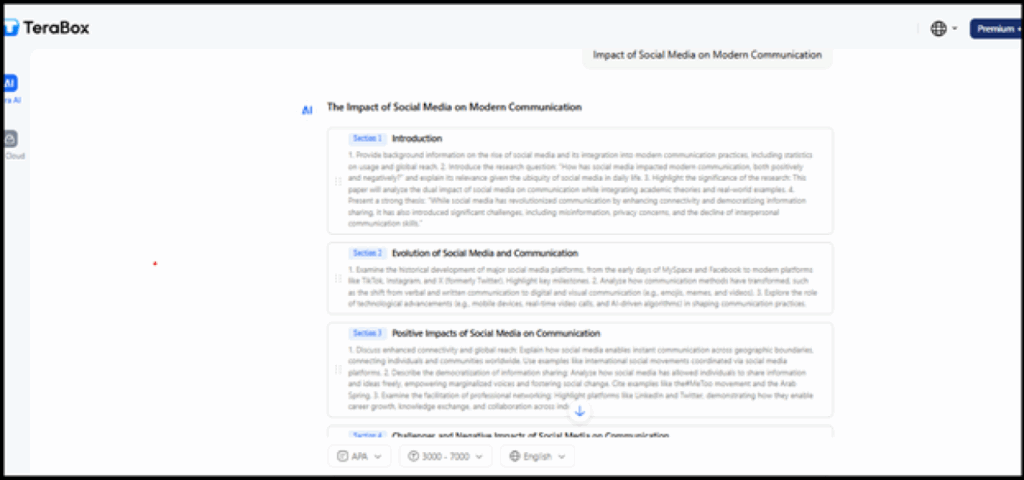 TeraBox AI Writing essay generator creating a structured AI-generated article with AI writing tools for content creation.