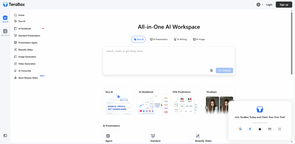 TeraBox AI Writing interface showcasing AI writing tools for research, essay writing, and content paraphrasing.