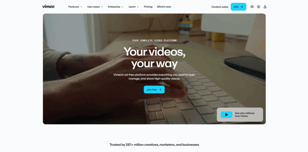 Vimeo as a Wistia alternative for SaaS companies, showcasing branded video hosting, privacy controls, and product demo streaming.