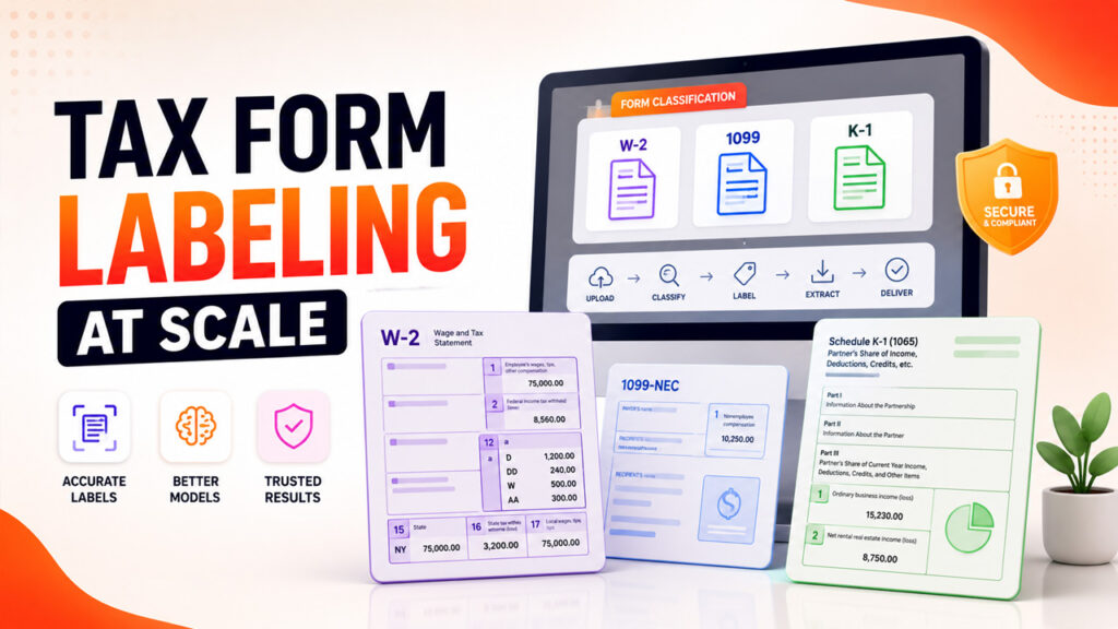 Diagram showing the key fields that need labeling on W-2, 1099, and K-1 tax forms for machine learning and AI data extraction.