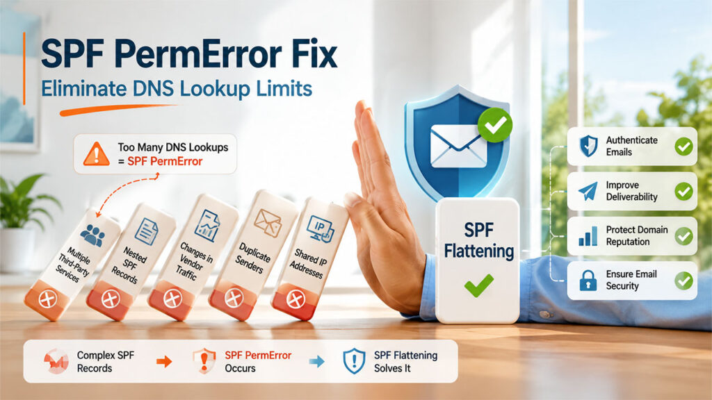 Common causes of SPF PermError showing when SPF Flattening helps reduce DNS lookups and improve email authentication.