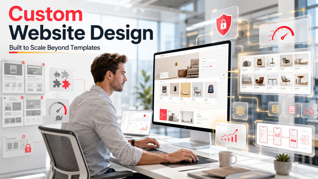 Comparison showing why businesses choose Custom Web Development over templates for better scalability, security, performance, and flexibility.