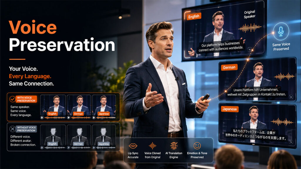 AI Video Translator preserving the original speaker's voice across multiple languages with natural voice cloning