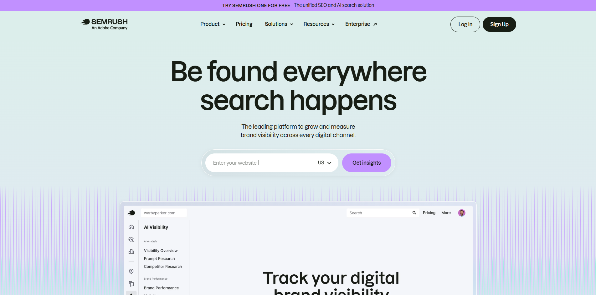 Semrush homepage showcasing AI search visibility