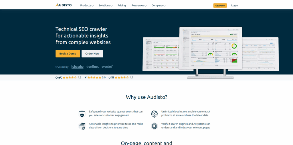 Audisto technical SEO crawler dashboard showing enterprise website audits