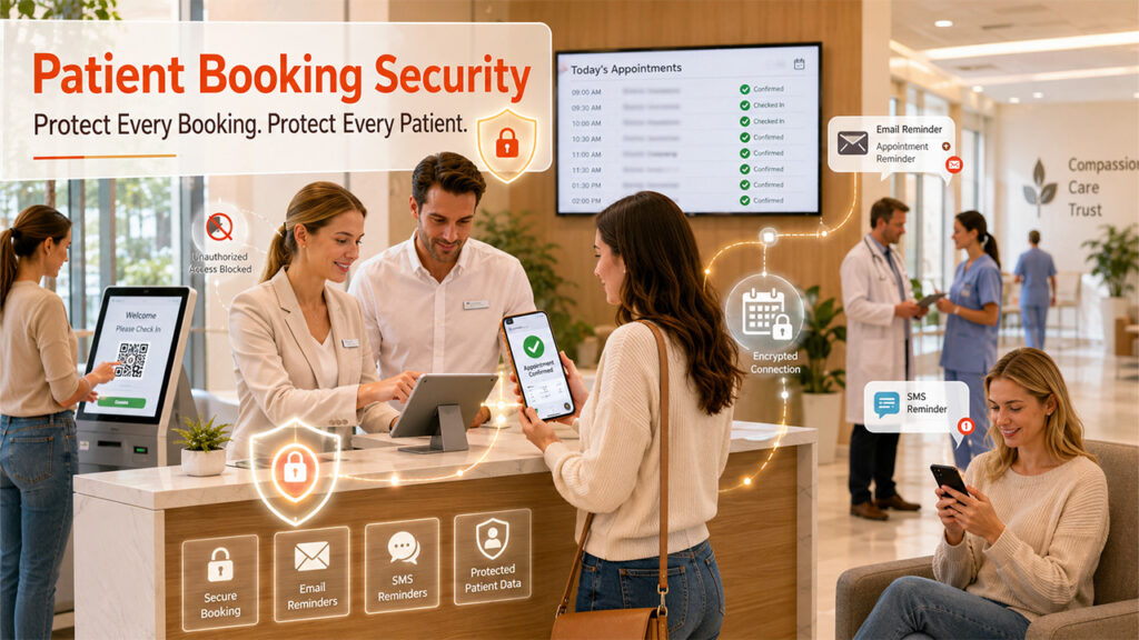 Secure patient booking reminders and messaging system for protecting patient data