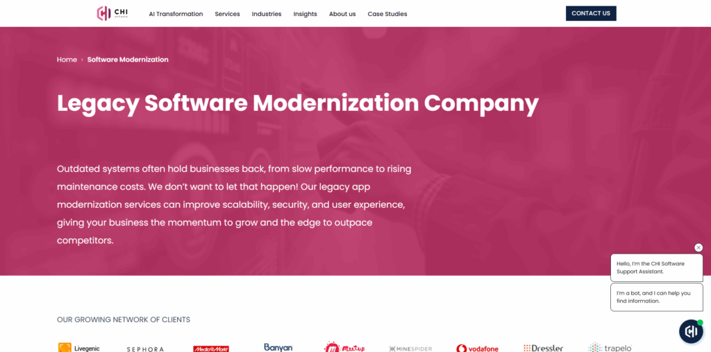 CHI Software providing legacy software modernization services through cloud migration, code refactoring, API integration, and scalable application transformation.