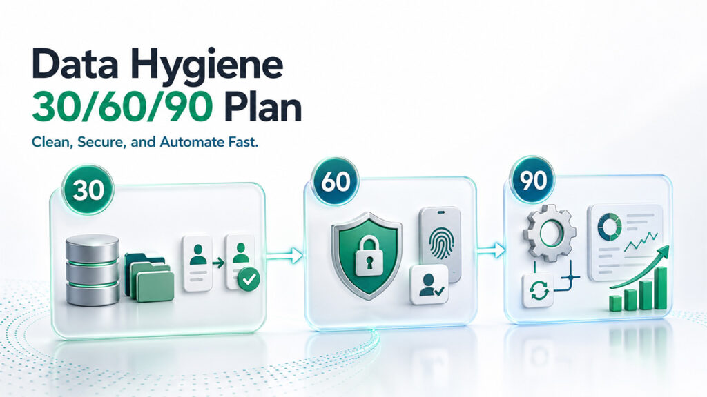 30 60 90 day customer data hygiene roadmap showing data cleanup, security improvements, automation, and KPI tracking.