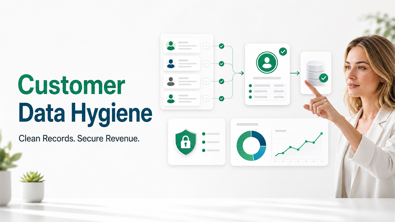 Customer data hygiene process showing data cleaning, deduplication, security, compliance, and CRM data management best practices.