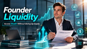 Founder liquidity concept showing a startup founder accessing capital before a company exit while retaining equity ownership.