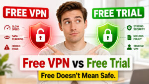 Free VPN vs Free VPN Trial comparison showing differences in privacy, security, data collection, and user protection
