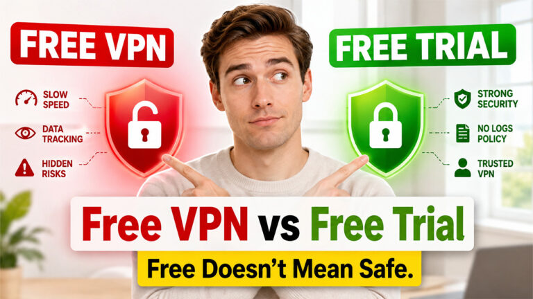 Free VPN vs Free VPN Trial comparison showing differences in privacy, security, data collection, and user protection