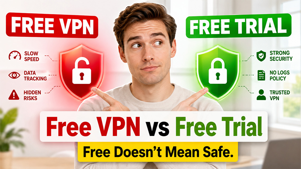 Free VPN vs Free VPN Trial comparison showing differences in privacy, security, data collection, and user protection