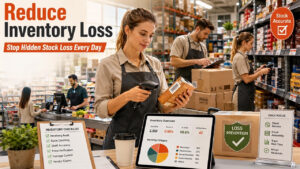 Retail employee performing inventory loss prevention checks by counting stock in a store warehouse.