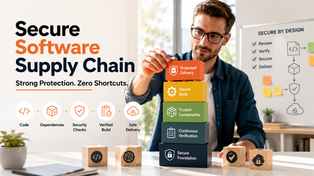 Development team implementing software supply chain security as part of everyday engineering through secure coding, dependency management, and CI/CD automation.
