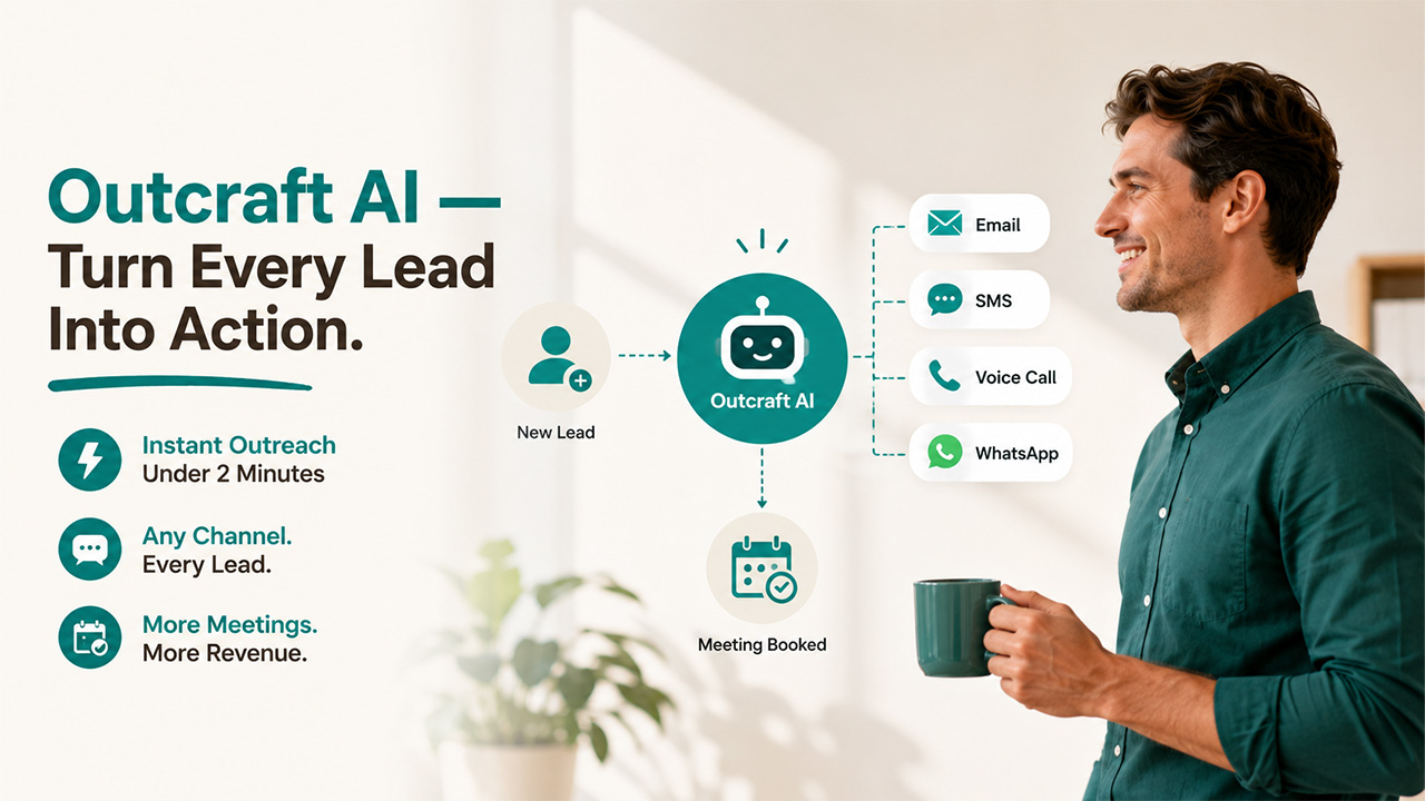 Outcraft AI platform automating CRM lead response with AI-powered voice, email, SMS, and WhatsApp outreach.