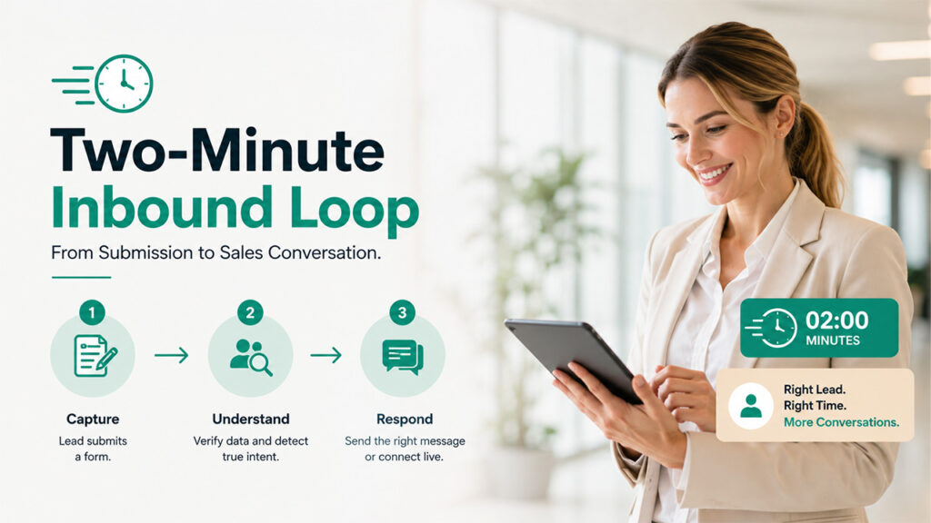 Outcraft AI two-minute inbound loop showing instant CRM lead qualification, AI response generation, and automated meeting scheduling.