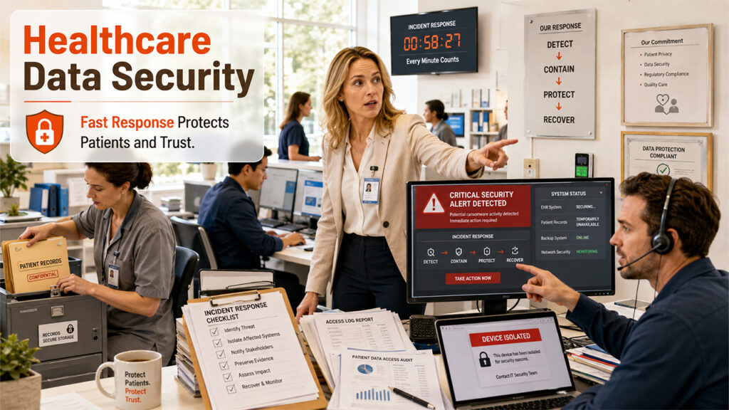 Patient data security enforcement showing healthcare data breach penalties and regulatory compliance requirements