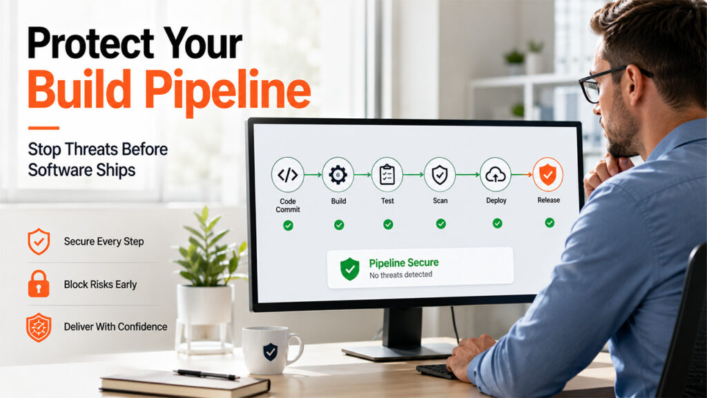 Secure software build pipeline with CI/CD security, artifact signing, secret management, and software supply chain protection.