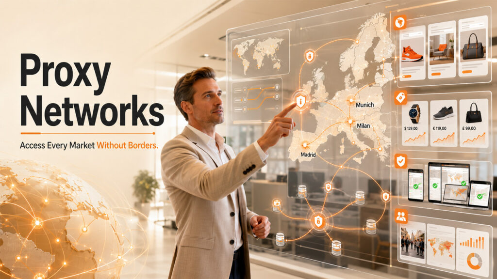 Proxy networks in business operations enabling secure internet access, IP routing, and regional data collection.