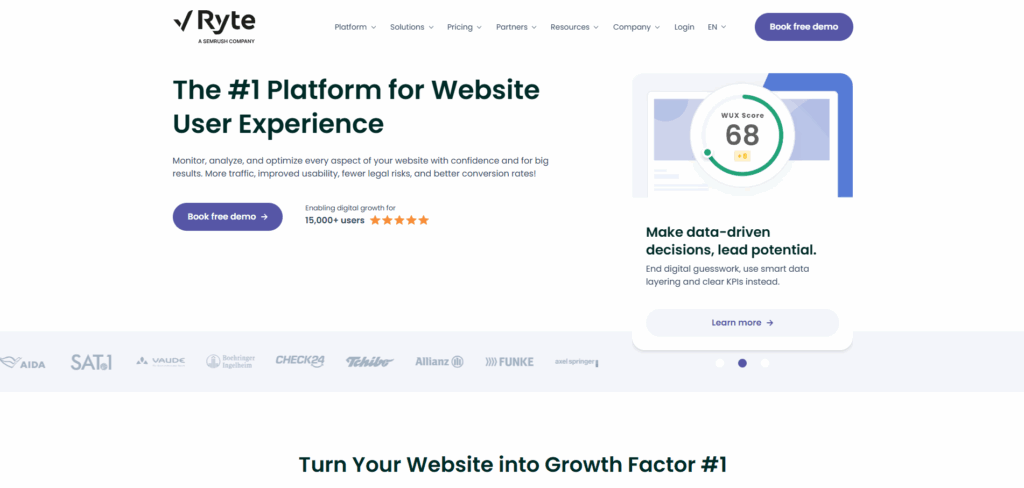 Ryte homepage showcasing website quality management