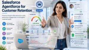 Salesforce Agentforce AI agent helping a customer success manager predict churn, personalize customer outreach, and improve customer retention through CRM analytics.