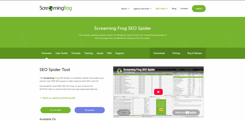 Screaming Frog SEO Spider homepage featuring website crawling
