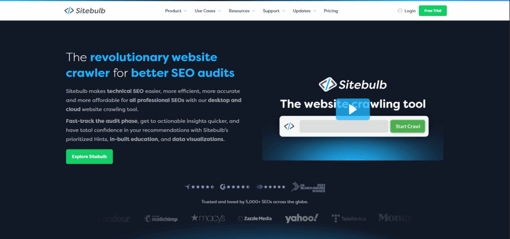 Sitebulb homepage displaying website crawling