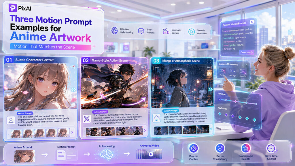 Three motion prompt examples for anime artwork