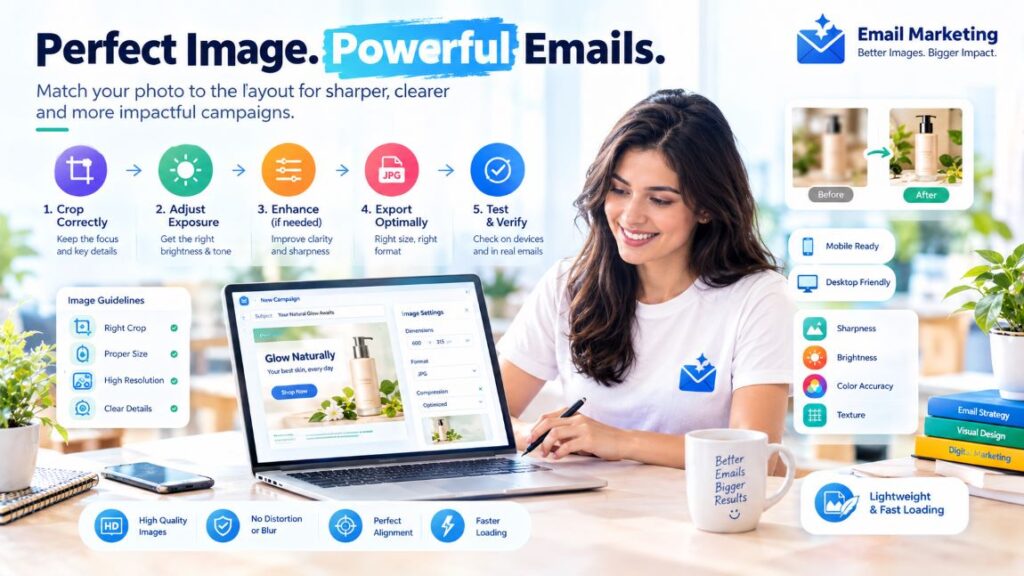 Infographic showing how to match photo crop, exposure, export size, and mobile testing to improve image quality for email marketing campaigns.