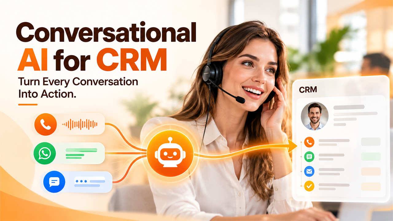 CRM conversational AI connecting phone calls, WhatsApp messages, and live chats to a unified CRM system