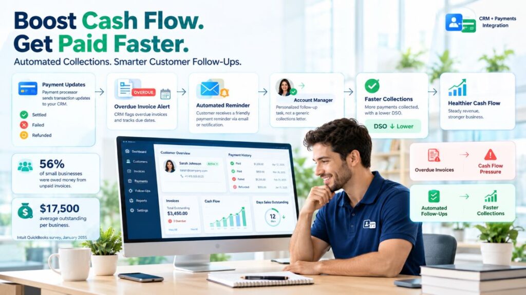 Payment processing with CRM software infographic showing automated invoice reminders, faster collections, and improved cash flow.
Copy