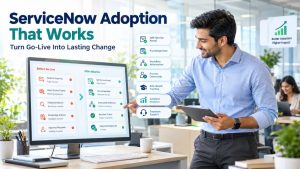 ServiceNow adoption dashboard showing improved workflows, self-service, knowledge management, and employee engagement